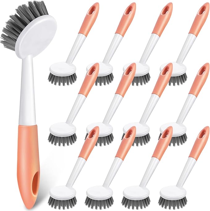 Patelai 12 Pack Kitchen Scrub Dish Brush with Long Handle Dish Scrubber with Stiff Bristles Scrub Brushes for Kitchen Dishes Washing Tools, Pots, Pans and Sink Cleaning (Orange)