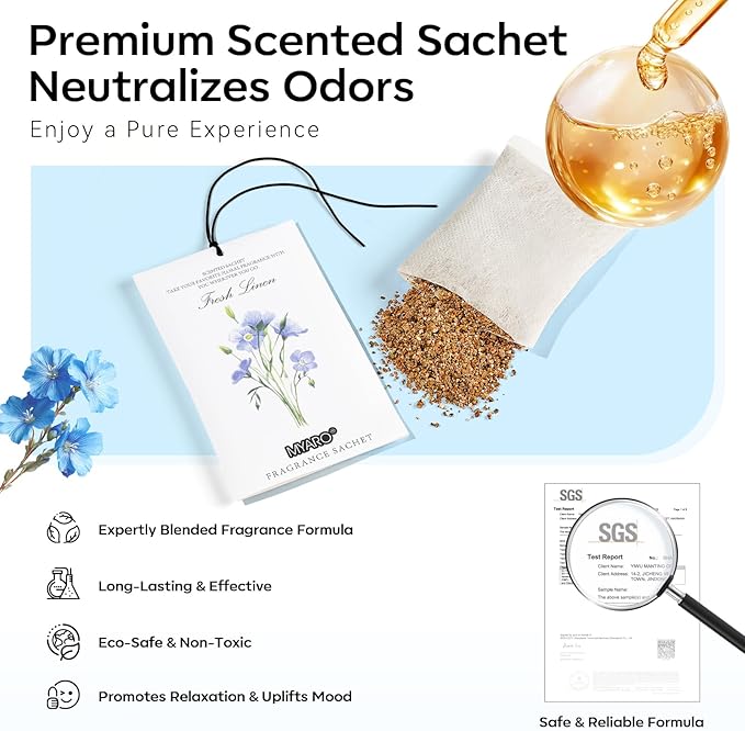 MYARO 12 Pack Fresh Linen Scented Sachets for Drawer, Closet & Car Air Freshener Bags | Odor Eliminator & Fabric Refresher | Crisp, Clean Home Fragrance Gift Set