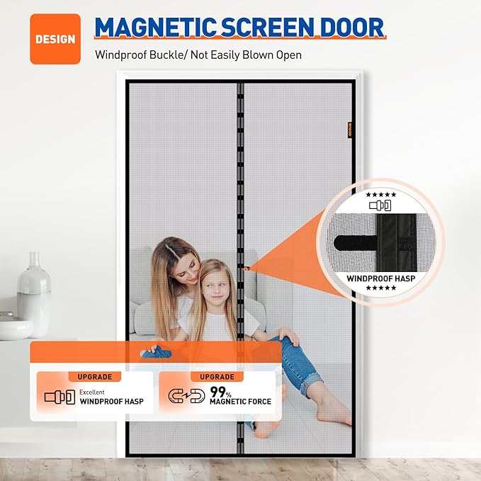 MAGZO Magnetic Screen Door Fit Door Size 40 x 80 Inch, Screen Size 42" x 81" Strong Magnet French Style Mesh, Heavy Duty Fiberglass Mesh with Hook & Loop for Sliding Entrance, Gray