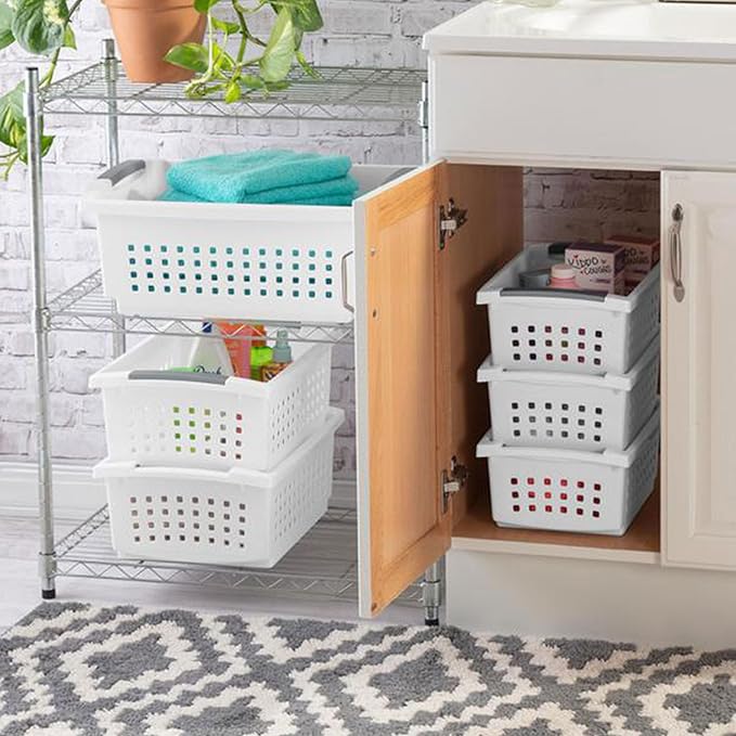 Sterilite Small Plastic Stacking Storage Basket Container Totes w/Comfort Grip Handles and Flip Down Rails for Household Organization, 8 Pack, White