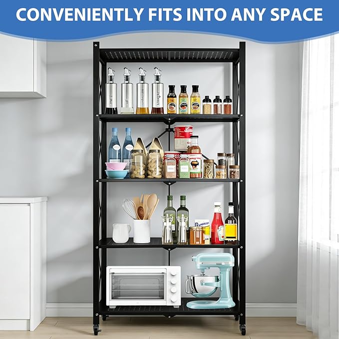 5-Tier Foldable Storage Shelf with Wheels, Heavy-Duty Metal Collapsible Shelving Unit, Rolling Storage Rack for Kitchen Pantry Garage Office, Pre-Assembled Organizer