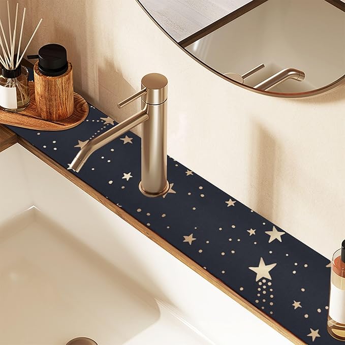 Kitchen Sink Splash Guard 1 PC 30 Inch Sink Faucet Mat Splash Guard for Bathroom Countertop Water Absorbent Foldable Cuttable Soft Washable Gold Stars Black