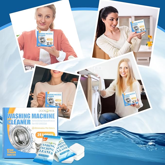 OOOFLOWER 24PC Washing Machine Cleaner Tablets, Formulated for Pet Owners, Pet Hair Remover, Deodorizer, Work with Top & Front Load, HE, Deep Cleaning Descaler, Removes Residue and Odors, Septic Safe