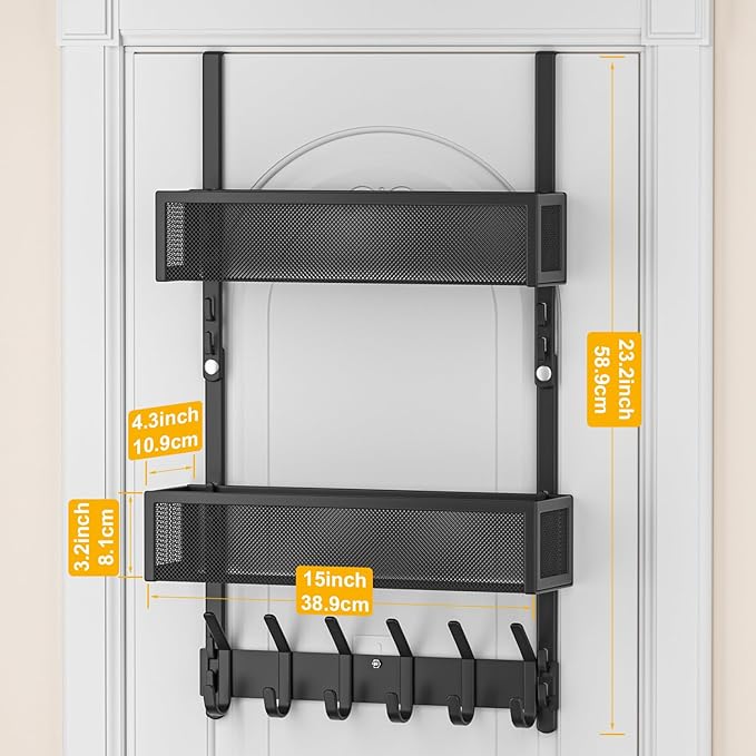 LUCYCAZ Adjustable Over The Door Hooks Organizer, Over The Door Towel Rack with 10 Coat Hooks & 2 Mesh Basket, Multi-Purpose Storage for Bathroom, Bedroom, Kitchen (Black)