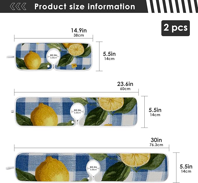 Sink Faucet Absorbing Mat Kitchen Sink Splash Guard Splash Faucet Drip Catcher for Bar RV Bathroom 2PCS 30x5.5in Blue and White Gingham Summer Lemons
