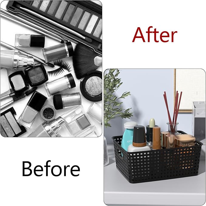 Plastic Weave Storage Basket, Woven Plastic Storage Baskets, Medium Black, 4 Packs