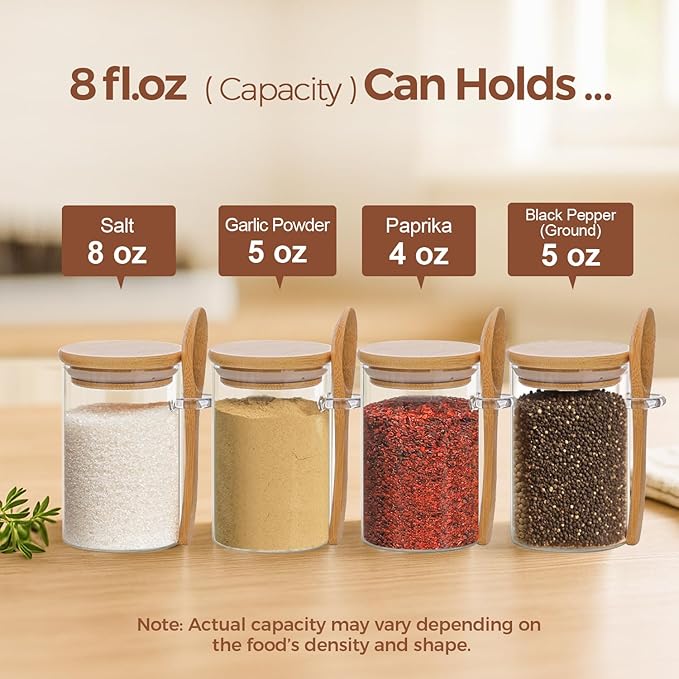 ComSaf 12 Pcs Glass Spice Jars and Spoons, 8oz Glass Containers with Bamboo Lids, Storage Containers with Airtight Lids with 275 Labels for Seasonings, Salt, Loose Leaf Tea Storage