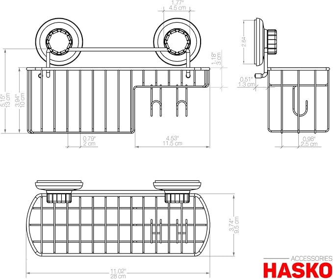 HASKO Shower Caddy Suction Cup, Shower Shelf with Soap Dish and Hooks Organizer, Suction Bathroom Shelf for Storage, Wall Mounted Basket (Polished Stainless Steel SS304)