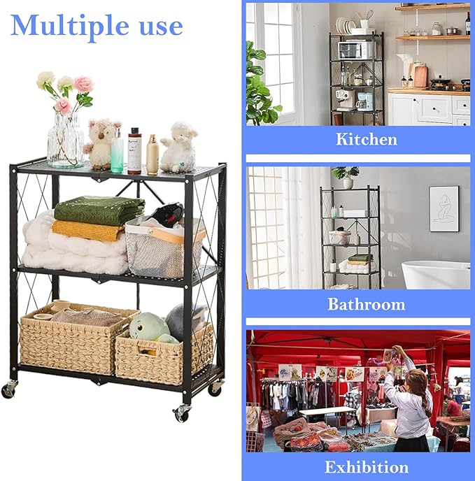 3-Tier Foldable Storage Shelf with Wheels, Metal Collapsible Shelving Unit, Rolling Utility Cart for Kitchen Pantry Closet Office, Pre-Assembled Storage Rack Organizer