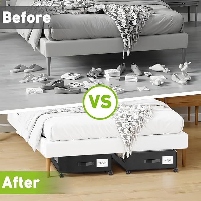 Under Bed Storage with Wheels, 4-Pack Underbed Storage Containers with Clear Lids, Under Bed Shoe Storage Organizer, Rolling Under Bed Storage for Clothes Shoes Blankets (Black)