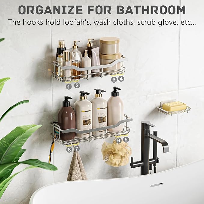 OMAIRA 3-Pack Shower Caddy with Soap Holder, Adhesive Rustproof No-drill Strudy Loading Inside Shower Organizer Shelves Rack Storage Bathroom Organization for Smooth Wall Glass Tile, Silver (X-Large)