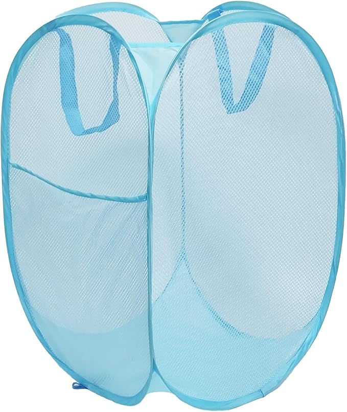The upgraded pop-up laundry basket features a breathable side pocket mesh design, making it ideal for rooms, apartments, dormitories, travel, business trips, and children's storage (1,sky blue)