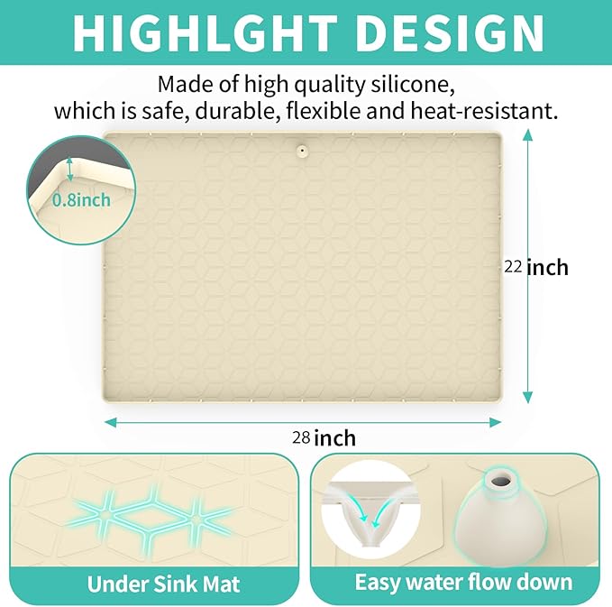 Under Sink Mat, 28"x22" Under Sink Mats for Kitchen, Silicone Waterproof Under Sink Liner, Sink Cabinet Organizer Tray with Drain Hole