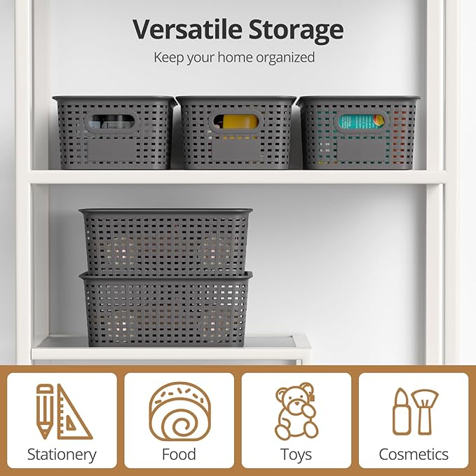 Plastic Storage Basket with Lids, Stackable Small Box Bins for Organizing and Containers for Shelves Drawers Desktop Closet Playroom Pantry Classroom Office Home, 8 Pack 10.2x7.2x4.1 Inch, Gray