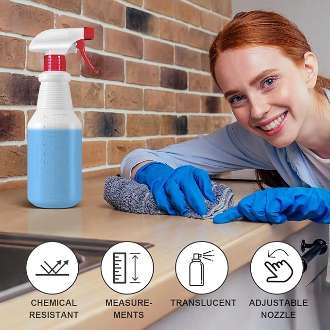 Plastic Spray Bottles 4 Pack, 24 Oz, Mist & Stream, Heavy Duty HDPE Sprayer Bottle, Leak Proof Empty Spraying Water Bottle for Cleaning Solutions, Planting, Car Detail, Pet Training with Measurement