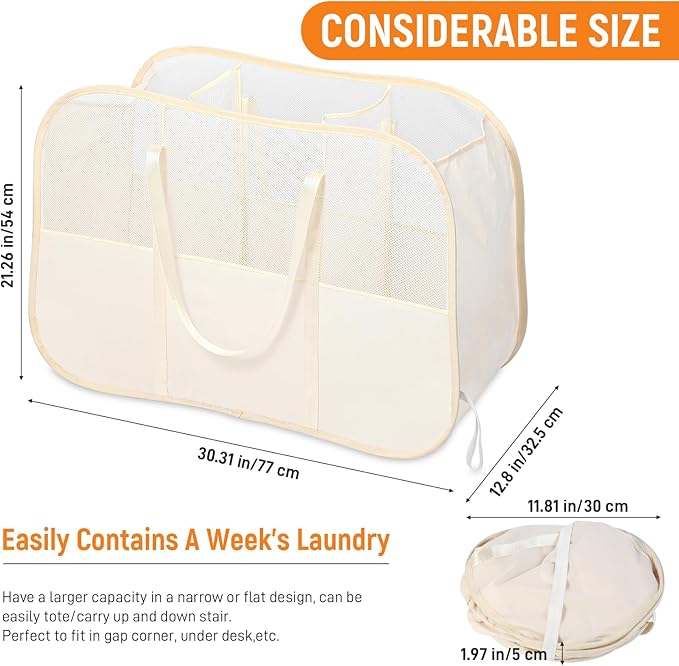 Collapsible Laundry Baskets with 3 Compartment, 150L Tear-proof Pop Up Hamper, Foldable Laundry Basket with Tote Handles, Dirty Clothes Hamper for Laundry, Bedroom, Bathroom, Dorm Beige