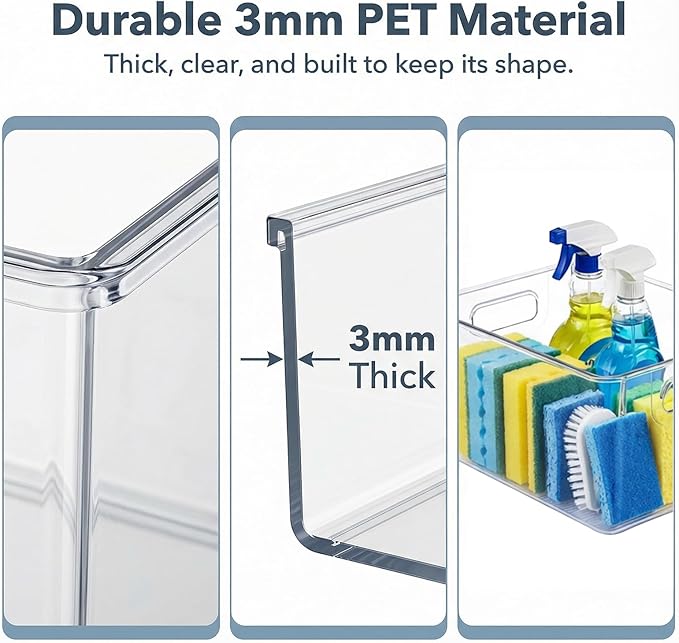 MOONEDGE 4 Pack Modular Clear Plastic Storage Organizer Bins – 2 Large & 2 Narrow, Nestable Space-Saving System for Pantry & Kitchen Storage, Fridge, Bathroom & Cabinet
