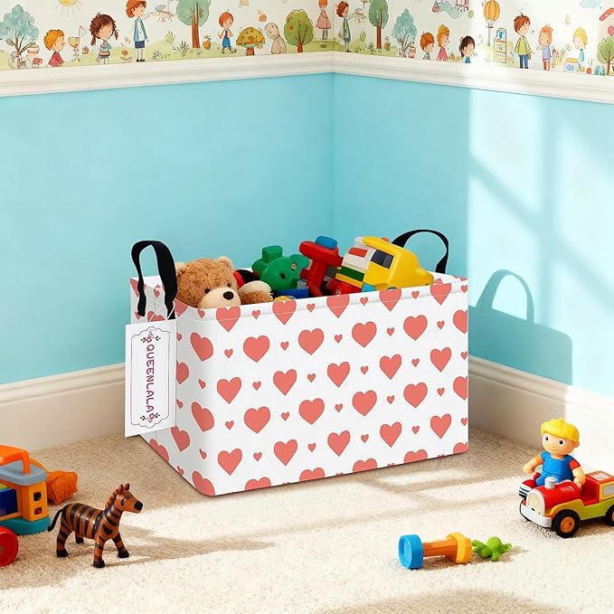 QUEENLALA Rectangular Laundry Hamper/Foldable Nursery Laundry Basket for Organizing/Storage Bin Baskets/Children Toy Office Bedroom/Toy Bin Closet Shelf Baskets（Rec-Pink Heart）