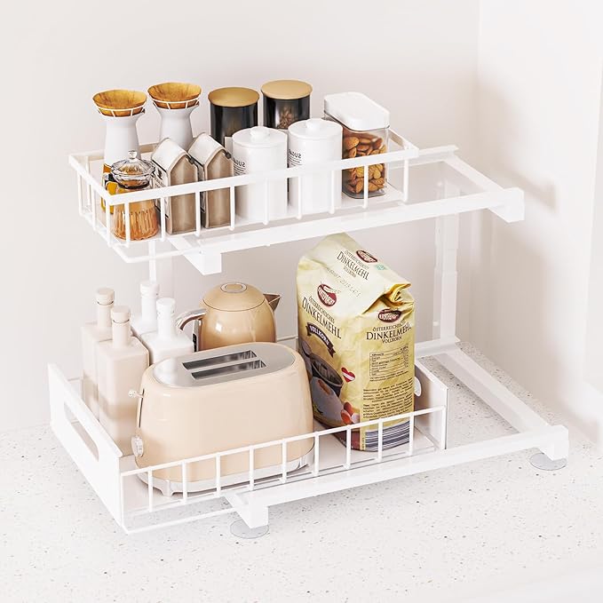 Under Sink Organizer, Heavy Duty Metal Pull Out Cabinet Organizer Slide Out Sink Shelf Organizer Height Adjustable, Multi-Purpose Storage Shelf for Kitchen Bathroom(White,1Pack)