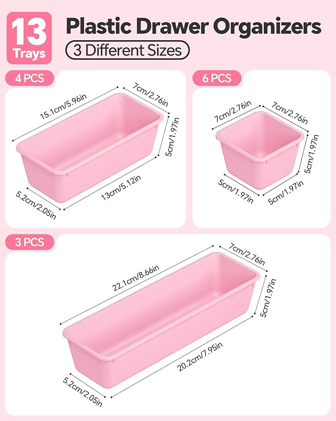 13 Pack Plastic Drawer Organizers Set, 3 Sizes Desk Drawer Organizer Trays for Vanity and Makeup Organizer, Organization and Storage for Makeup, Kitchen Utensils, Bathroom and Office(Pink)