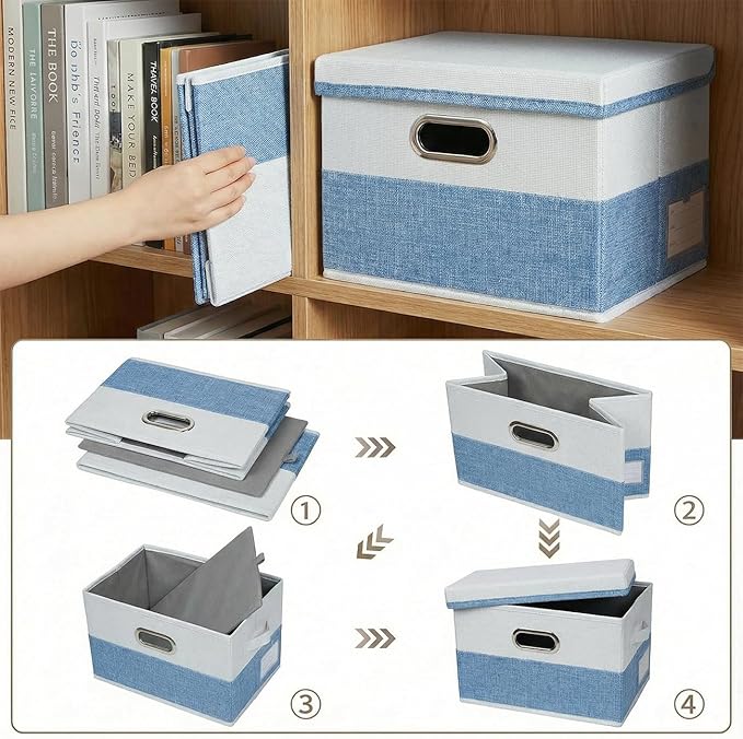 PRANDOM Storage Bins with Lids [3-Pack] Linen Fabric Foldable Storage Boxes Organizer Containers Baskets Cube with Cover for Bedroom Closet Office Blue&White（11.4X8.6X6.7