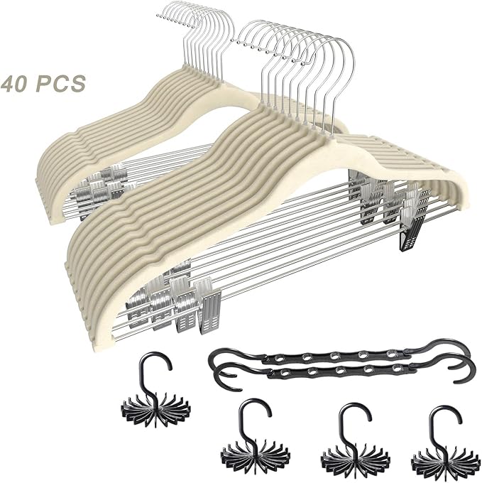 VECELO 40 Pack Velvet Clothes Hangers with Adjustable Clips,Heavy-Duty Non Slip & Space-Saving with 1 Magic Hangers & 2 Tie Rack for Suit Coat Pants Skirt Dresses