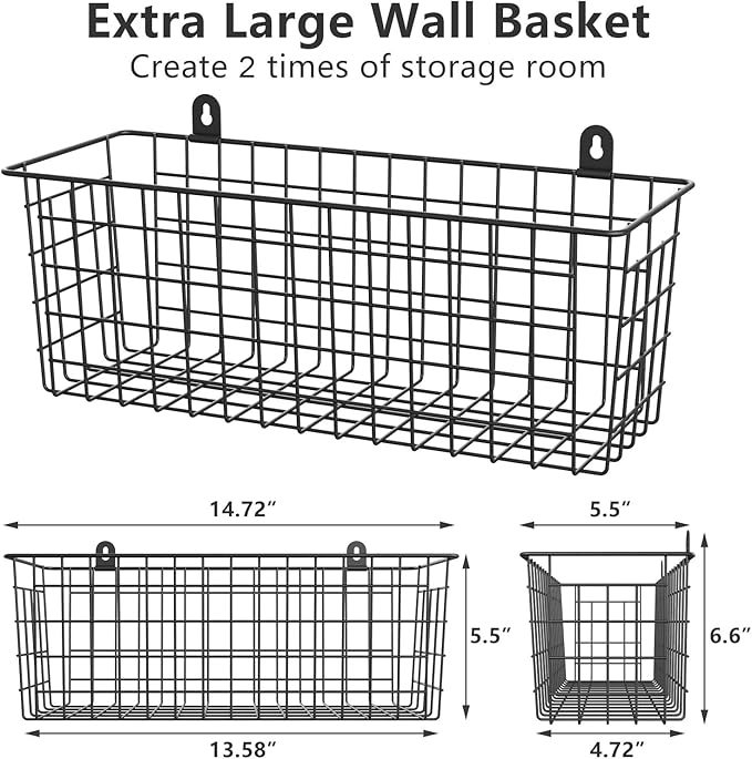 MaraFansie [Extra Large] Wire Basket 2-Pack Hanging Wall Organizer Cabinet Storage Basket Wall Mounted Shelves Rustic Farmhouse Decor for Home Kitchen Bathroom, BLACK