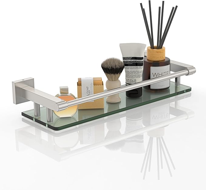 SFGSOWOR Glass Shelves for Bathroom, 16IN Brushed Nickel Bathroom Shelves for Wall Rectangular Stainless Steel Tempered Glass Modern use for Shelf Sink Over Toilet