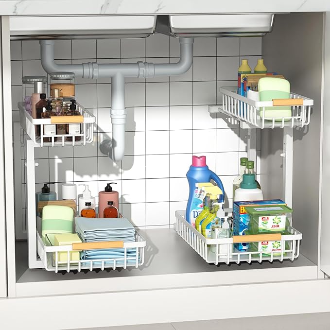 Under Sink Organizers,5 Adjustable Height，Metal Pull Out Under Sink Organizers and Storage Shelves with Sliding Drawer (White, 2 Pack)