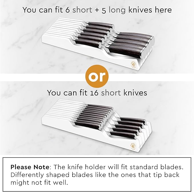 In-Drawer Knife Block - Bamboo Knife Drawer Organizer for Kitchen - Fits 5 Long + 6 Short Knives | Store Knives with Blades Pointing Down - Wooden Steak knife Holder without Knives (White)