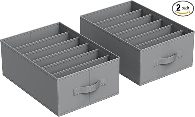 SONGMICS Set of 2 Large Size Wardrobe Clothes Organizers, 6-Compartment Foldable Drawer Organizers with Handles, 16.5 x 11.8 x 6.7 Inches, for Pants, Sweaters, Jeans, Dove Gray URUS009G02
