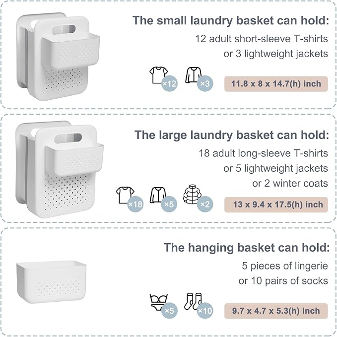 Small Collapsible Laundry Basket, Space-Saving Wall-Mounted Hamper with Detachable Mini-Basket, Portable Hanging Organizer for Clothes, Underwear Socks. (White)