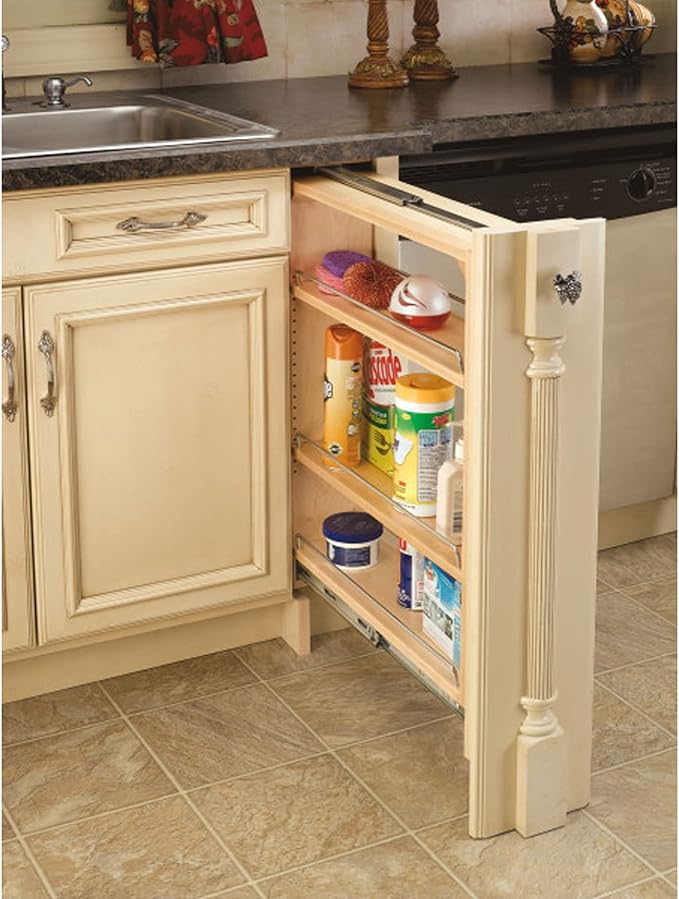 Rev-A-Shelf Pullout Shelf Organizer for Base Kitchen or Bathroom Cabinets, Wood Filler Pantry Storage or Spice Rack, Maple, 6" x 23" x 30", 432-BF-6C