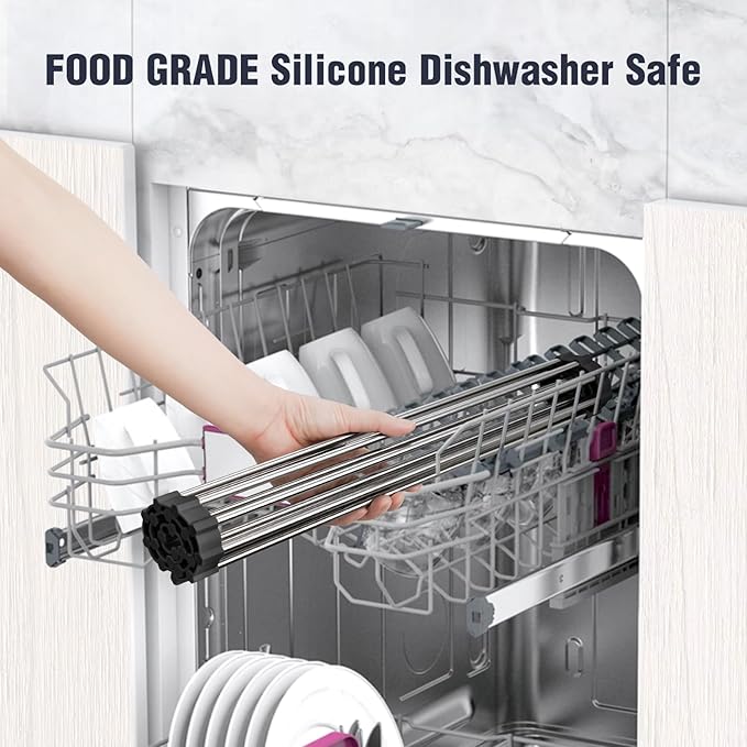 Tomorotec 17.7" x 15.5" Roll Up Dish Drying Rack Over Sink Drying Rack Sink Cover Kitchen Sink Accessories Gadget Multipurpose Organizer Foldable Stainless Steel Drainer