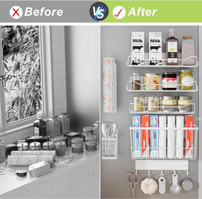 Magnetic Spice Rack for Refrigerator, 7 Pack Magnetic Fridge Shelf for Kitchen Organization Storage, Moveable Spice Organizer W/Paper Towel Holder, Utensil Caddy, Cutting Board Rack (White)