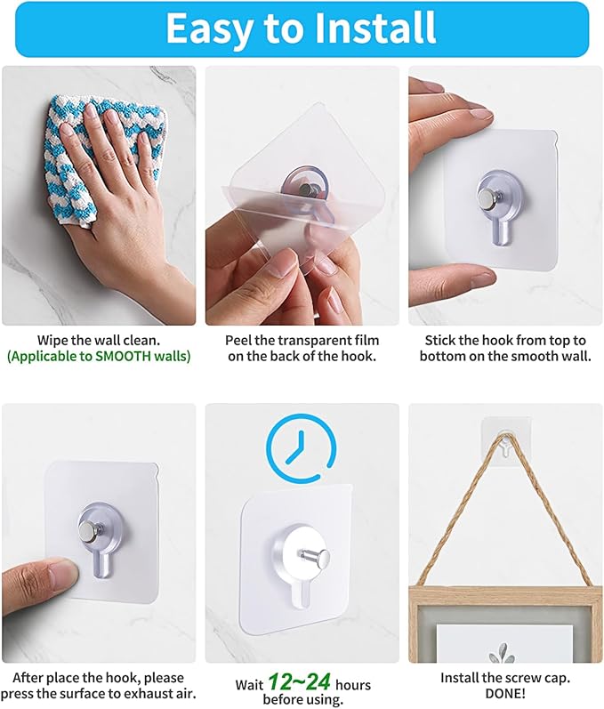Adhesive Hooks for Wall(13lb Max), Wall Hangers Without Nails for Photos Frames, Utility Waterproof and Oil Resistant Hooks for Kitchen, Bathroom, Home and Office -10 Pack