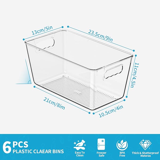 KJIXYUNG 6 Pack Clear Pantry Organizer Bins, Fridge Organiser Set, Plastic Containers with Handle,Home Organization Must Haves for Kitchen,Freezer,Cabinet,Closet,Bathroom Under Sink Storage