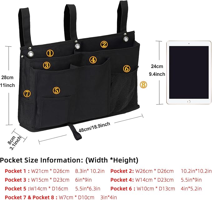 gedamari Bedside Organizer, Durable Bunk Bed Caddy, Multi-Pocket Hanging Storage Bag for College Dorm, Home, Hospital and Baby Stroller, Easy Installation, Metal Rivets Added, Oxford Fabric (Black)