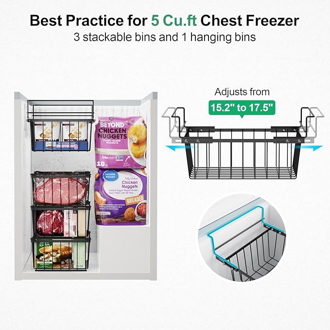 iSPECLE Freezer Organizer Bins - 17.5" Length Fit 5 Cu.FT Chest Freezer, 1 Expandable Hanging Bin & 3 Pack Stackable Deep Freezer Organizer, Sort and Get Frozen Food Easily with Handle, 4 Pack Black