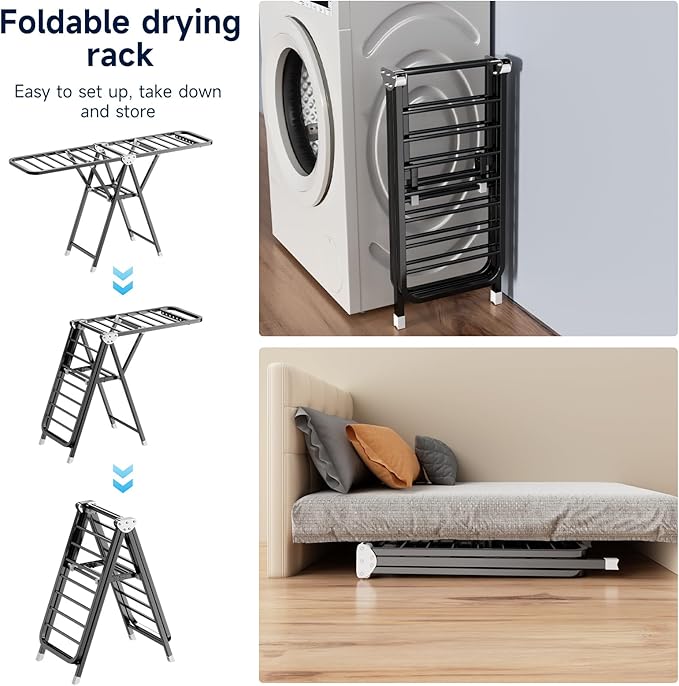 MIKEE Clothes Drying Rack,Foldable Laundry Drying Rack for Indoor & Outdoor Use，with Height-Adjustable Wings，2-Tier Clothes Rack with Windproof Hanging Holes and Wheels，132 lb
