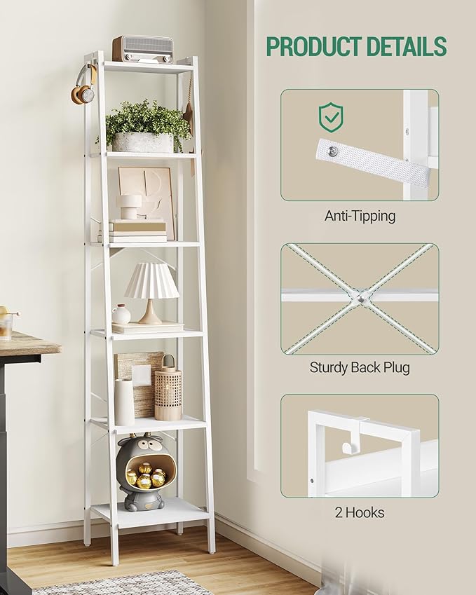 Ladder Shelf, Bookshelf Bookcase, Freestanding Corner Storage Shelve with 2 Hooks for Home Office, Living Room, Kitchen, Bedroom, Industrial, 6-Tier White BC13313W