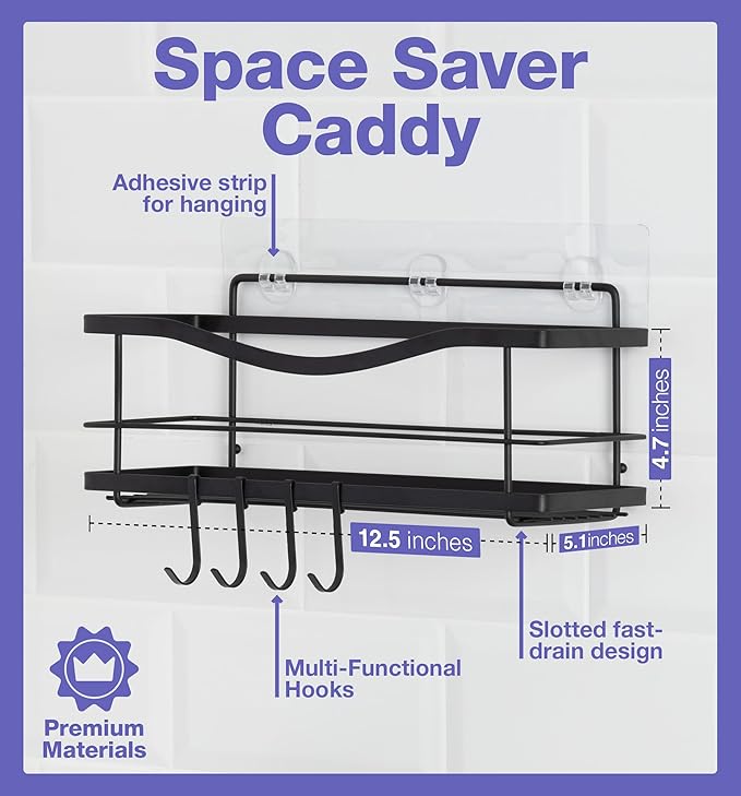 KINCMAX Premium Shower Caddy - Self Adhesive Shower Shelf with 4 Hooks - No Drill Large Capacity Stainless Steel Rack - Aesthetic Organizer for Bathroom Wall Decor - Matte Black