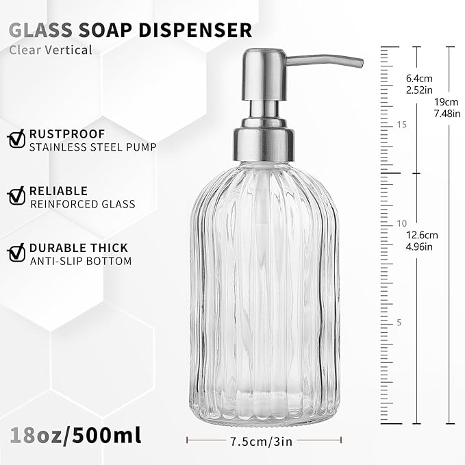 Clear Glass Soap Dispenser with 304 Rustproof Stainless Steel Pump 18oz for Kitchen and Bathroom Hand Soap Dispenser Bottle