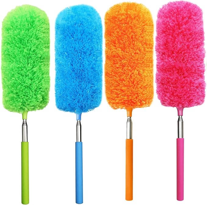 4 Pack Microfiber Feather Duster, with Extendable Pole and Bendable Head, Washable Microfibre Cleaning Tool for Cleaning Office, Car, Computer, Furniture, Sofa, Photo Frame