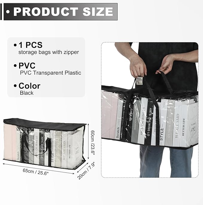 PATIKIL 25.6x7.9x23.6in Clear Storage Bags, Plastic Storage Bags Clear Large Zippered Organizers Foldable Closet Bed Sheet Organizer Cube with Zipper Handles for Book Clothes Yarn,XL,Black