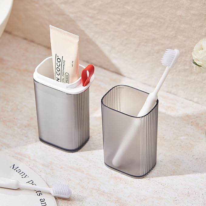 Topavatop Toothbrush Travel Case, 2 in 1 Toothbrush Holder and Rinse Cup, Large Capacity Toothbrush Cup with Cover, Portable Travel Toothbrush Holder for Traveling, Camping, Trip - 1Pcs - Grey&White
