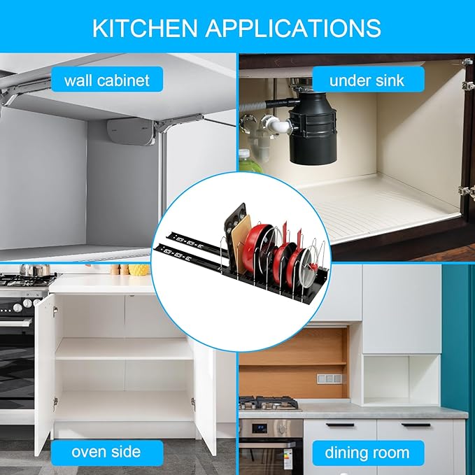Golener 4 Adjustable Dividers Pull Out Pots and Pans Organizers - Optional Dividers Sliding Pot Lid Holder in Kitchen and Slide Out Cabinet Storage of Lids, Bakewares and Pots