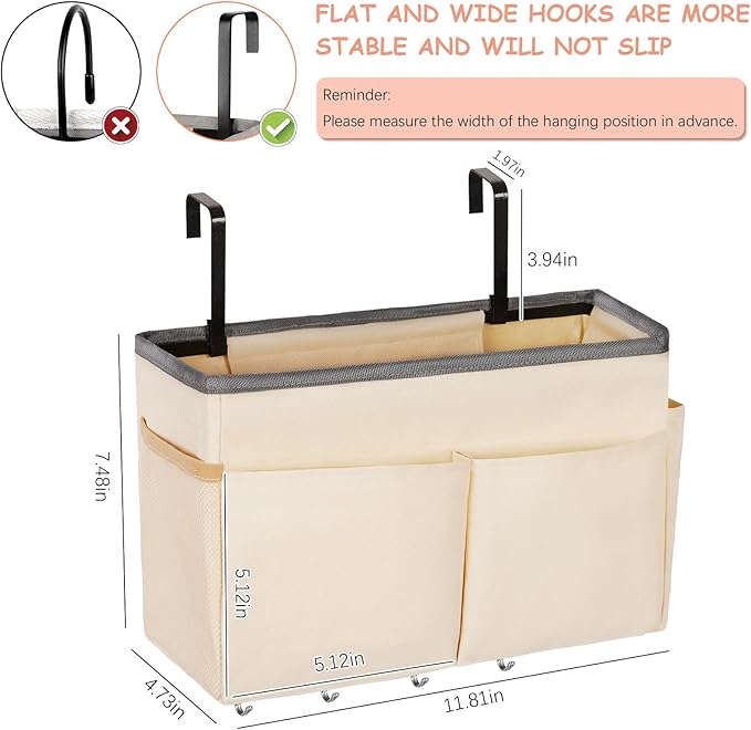 Bedside Storage Organizer 5 Pockets with 4 Hooks Hanging Storage Bag for Headboards/Bunk Bed (Beige)