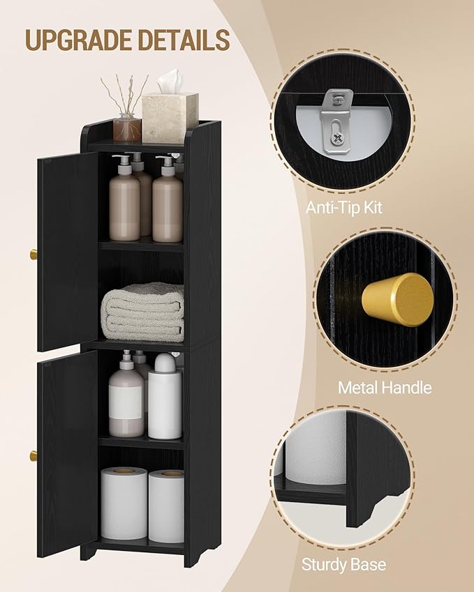 Bathroom Storage Cabinet, Small Corner Floor Cabinet with 2 Doors and Adjustable Shelf, Narrow Toilet Paper Cabinets, Bathroom Organizer for Small Spaces, 7.9" D x 7.9" W x 29.5" H Black
