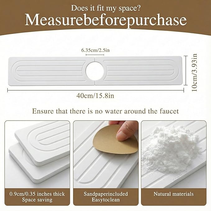 Faucet Mat for Kitchen Sink,Diatomite Fast Drying Stone Sink Tray,Faucet Splash Guard for Bathroom Counter [15.8"x4"],Super Absorbent, Prevents Moisture Buildup